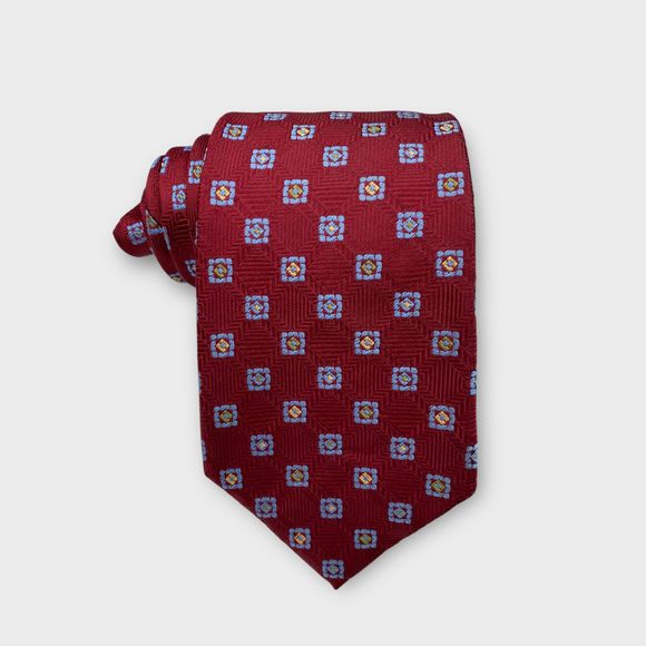 $135 David Donahue Mens Red Blue Medallion Italian Silk Handmade Tie 60L x 3.5 - Picture 2 of 12